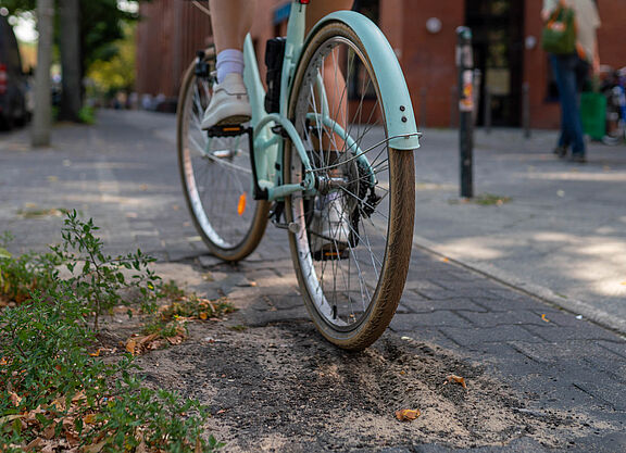 Fahrrad auf Radweg mit Hindernissen.